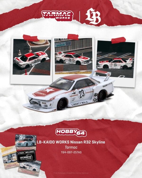 T64-097-25TAS (預訂 Pre Order) TARMAC Works HOBBY64 T64-097-25TAS 1/64 LB-KAIDO WORKS Nissan R32 Skyline Tarmac Model Car + Trading Cards Combo Set